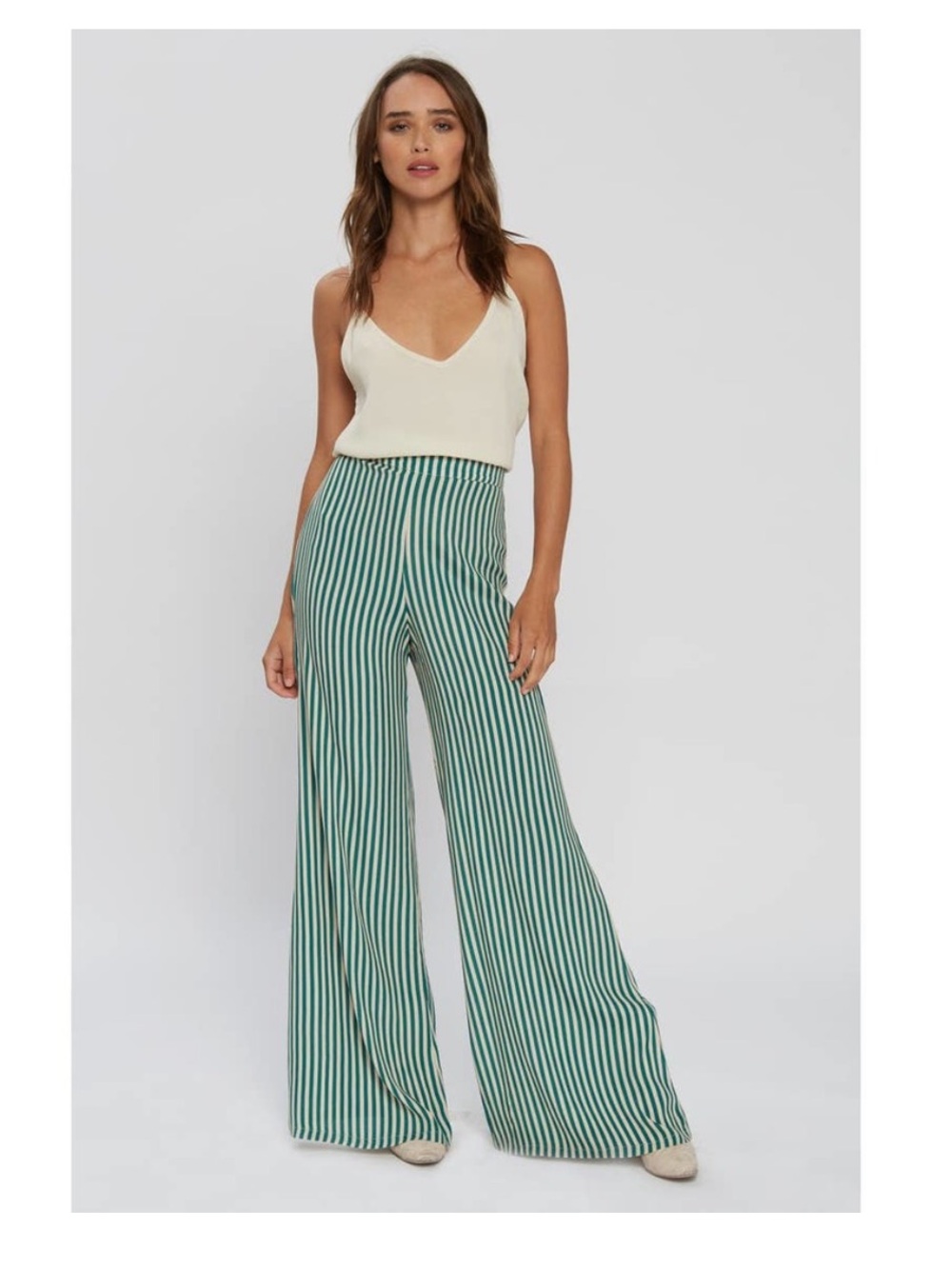 FLYNN SKYE RIDE OR DIE HIGH-RISE WIDE-LEG LONG FLOWY GREEN STRIPED PANTS NEW SzL